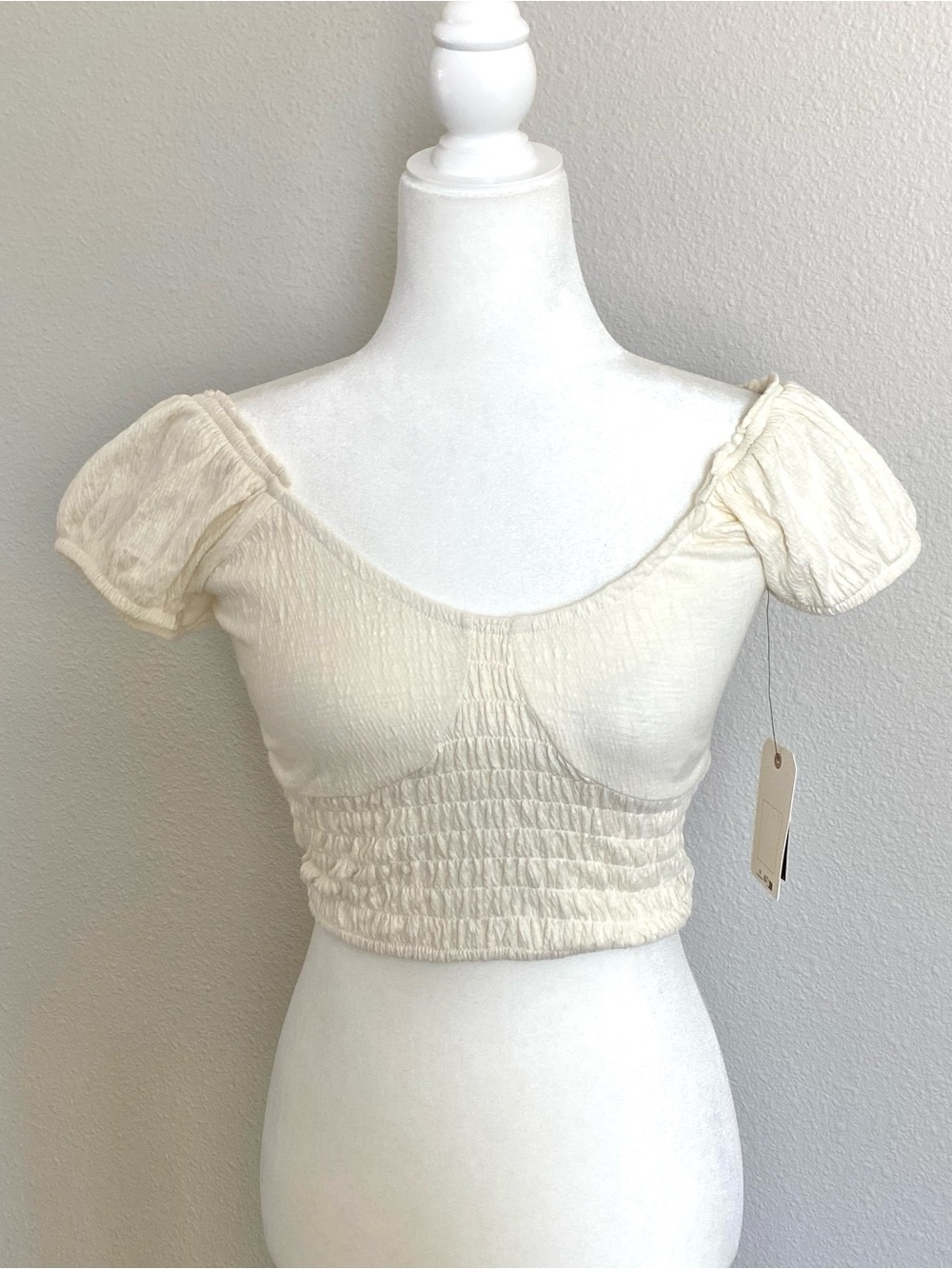 NWT Billabong Cream Off-Shoulder Smocked Crop Top